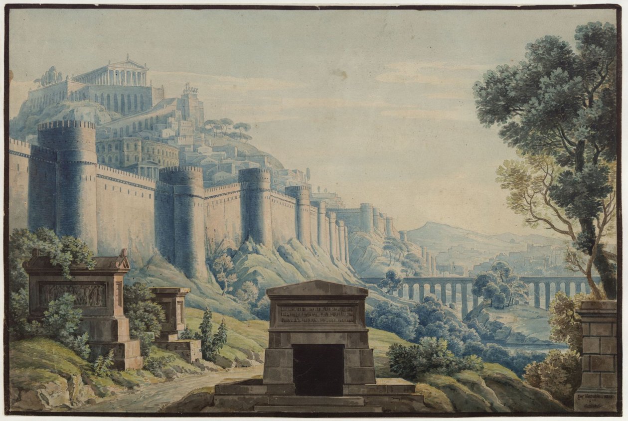 A Vestal. Ópera de Gaspare Spontini. Projecto para a 3.ª decoração. Cidade de inspiração antiga numa montanha por detrás de altas muralhas de Karl Friedrich Schinkel