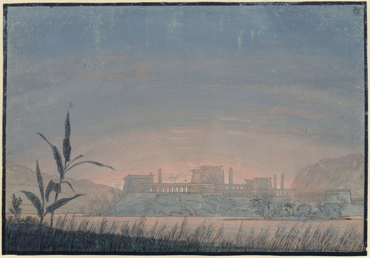 A Flauta Mágica. Ópera de Wolfgang Amadeus Mozart. Esboço para o 10.º cenário. Paisagem com o castelo de Sarastro de Karl Friedrich Schinkel