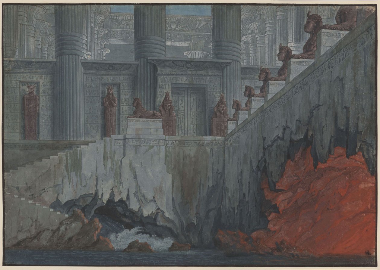 A Flauta Mágica. Ópera de Wolfgang Amadeus Mozart. Projecto para a 11.ª decoração. Templo do fogo e da água de Karl Friedrich Schinkel