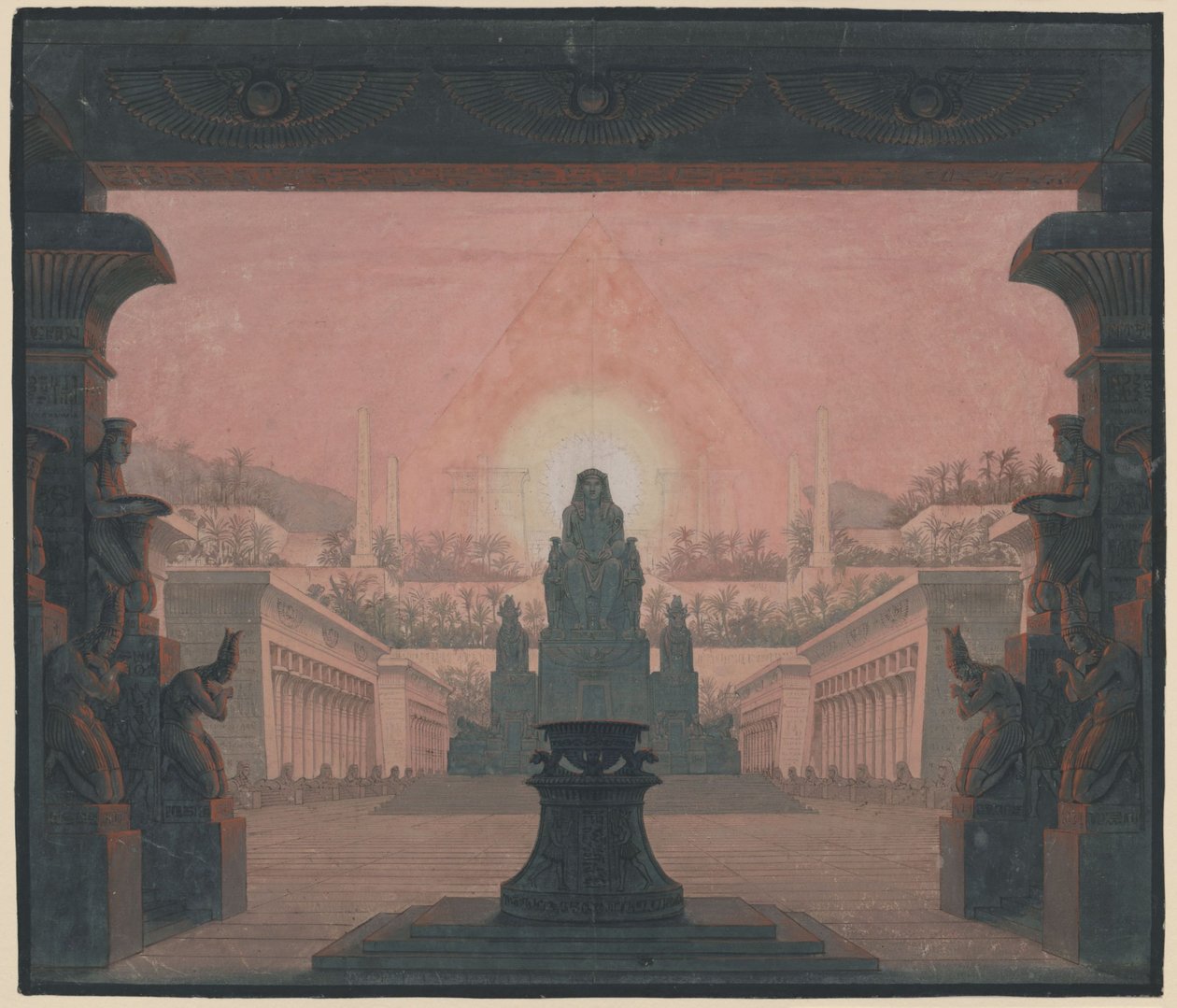 A Flauta Mágica. Ópera de Wolfgang Amadeus Mozart. Esboço para o 12.º cenário. O templo do sol de Sarastro de Karl Friedrich Schinkel