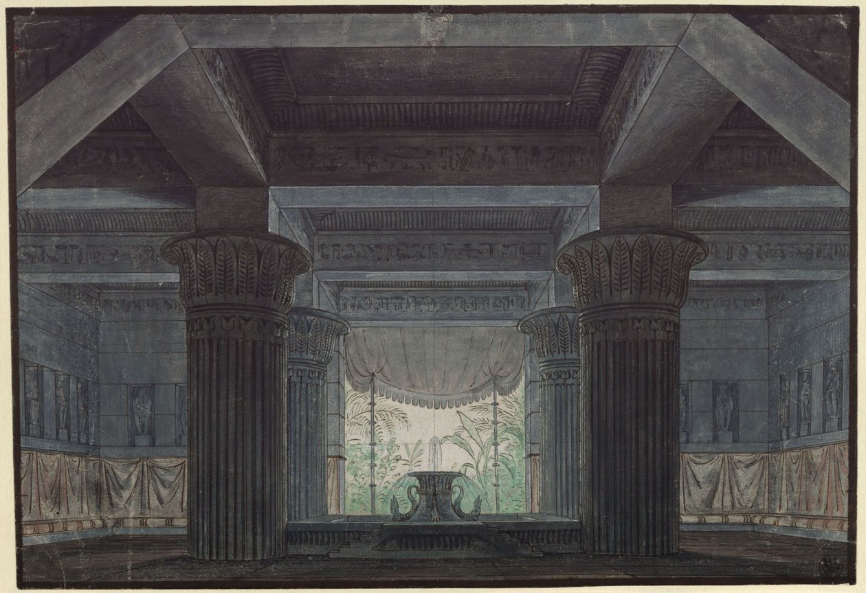 A Flauta Mágica. Ópera de Wolfgang Amadeus Mozart. Esboço para o 3.º cenário. Salão no castelo de Sarastro de Karl Friedrich Schinkel