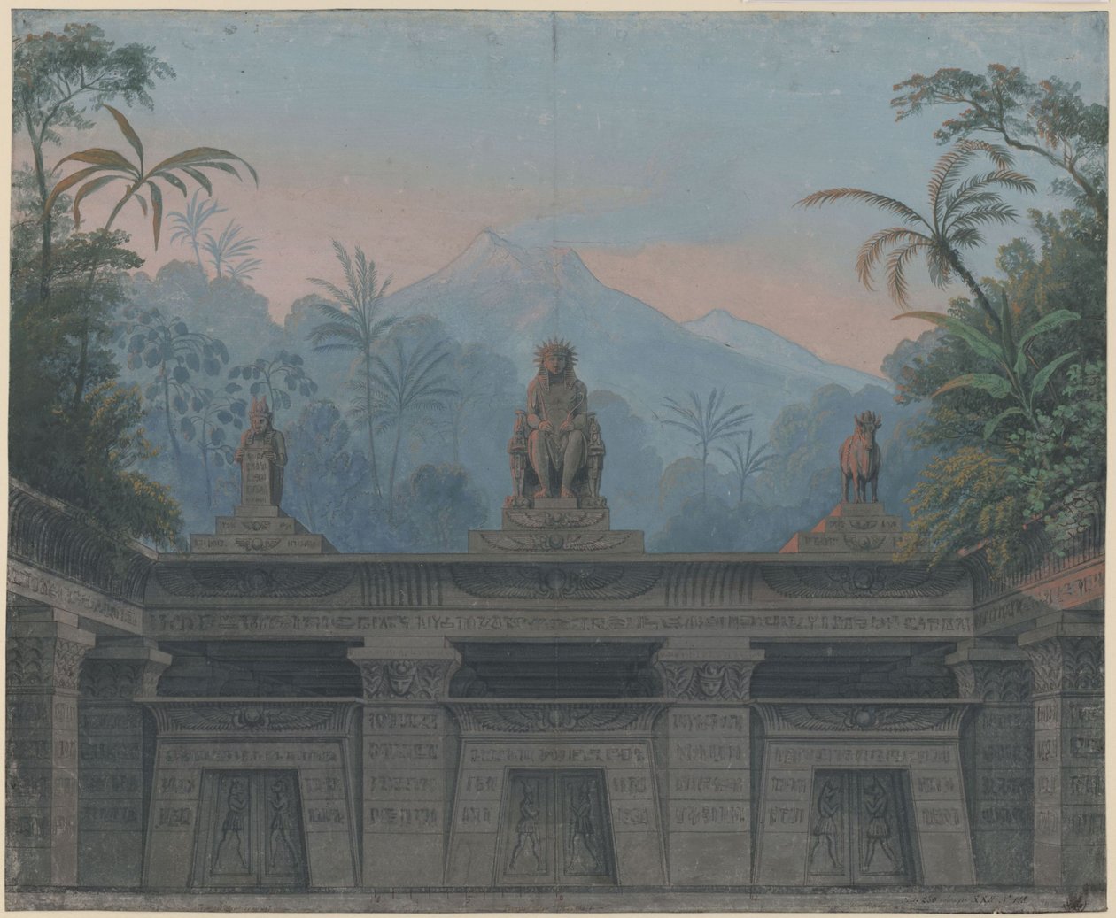 A Flauta Mágica. Ópera de Wolfgang Amadeus Mozart. Esboço da 4.ª cenografia. Pátio do templo de Sarastro de Karl Friedrich Schinkel