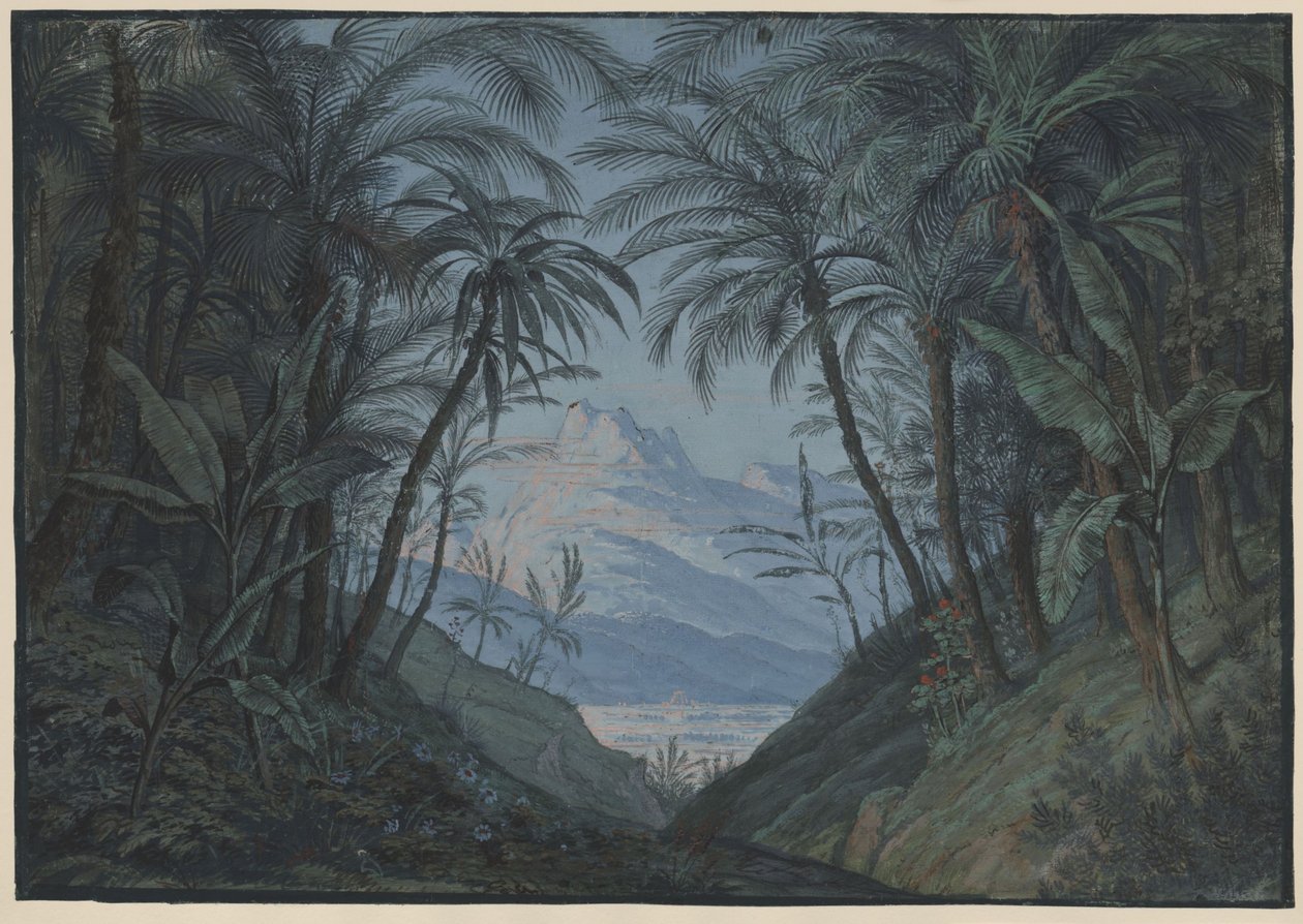 A Flauta Mágica. Ópera de Wolfgang Amadeus Mozart. Esboço para o 5.º cenário. Palmeiral, local da assembleia dos sacerdotes de Karl Friedrich Schinkel