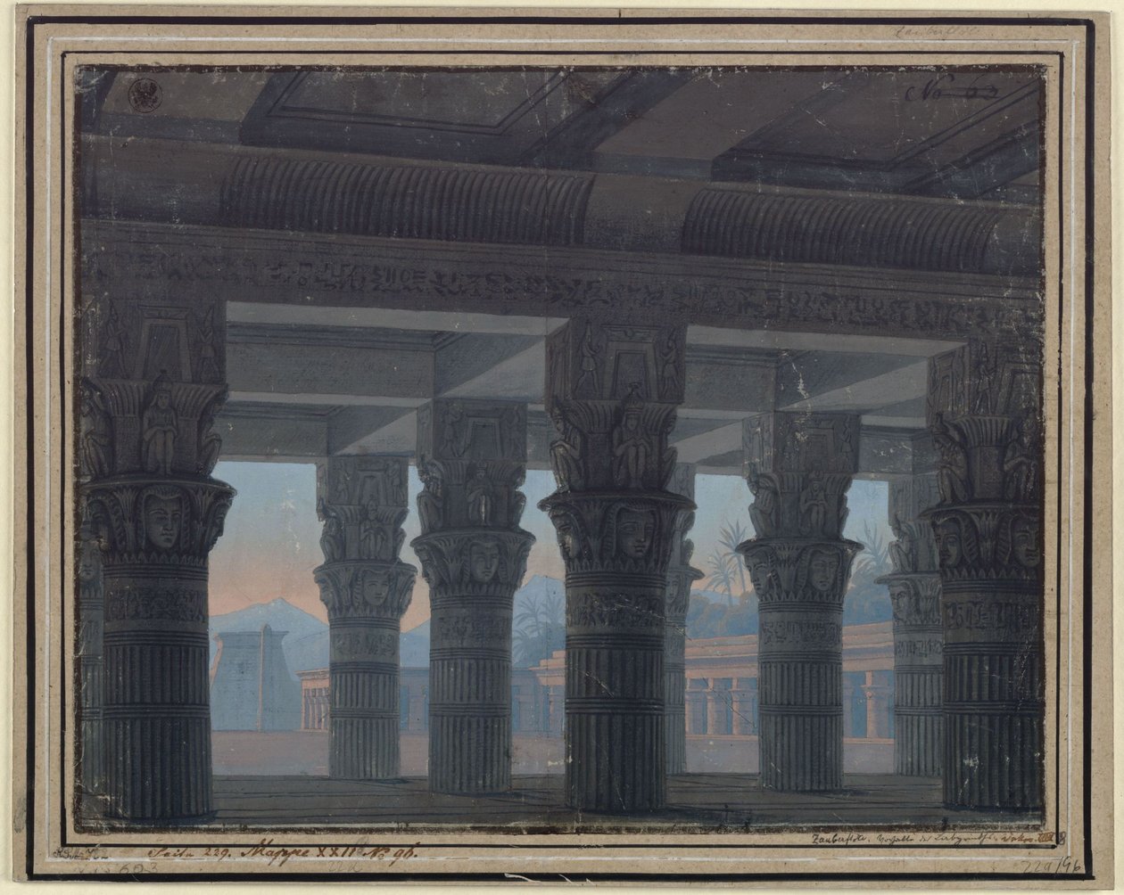A Flauta Mágica. Ópera de Wolfgang Amadeus Mozart. Estudo para o 8.º cenário. Vestíbulo do labirinto de Karl Friedrich Schinkel