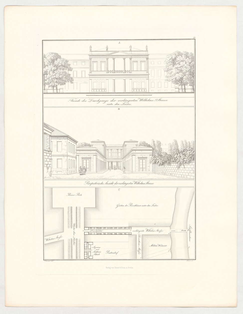 A Wilhelmstraße prolongada, prancha 19 da série «Coleção de projectos arquitectónicos» de Karl Friedrich Schinkel