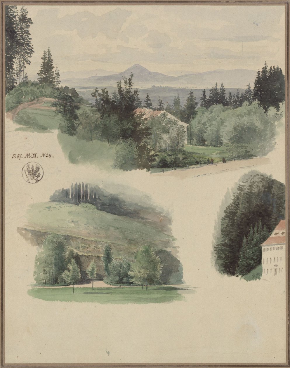 Três estudos de paisagem de Marienbad, na Chéquia de Karl Friedrich Schinkel