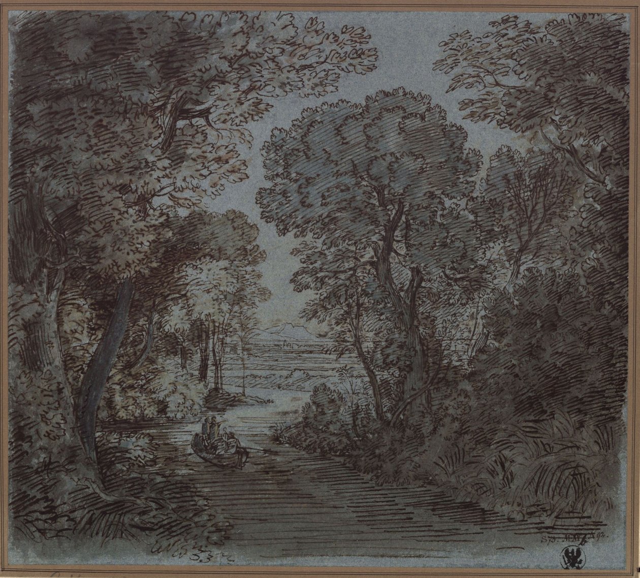 Um rio sob as árvores, com vista para uma montanha ao longe de Karl Friedrich Schinkel