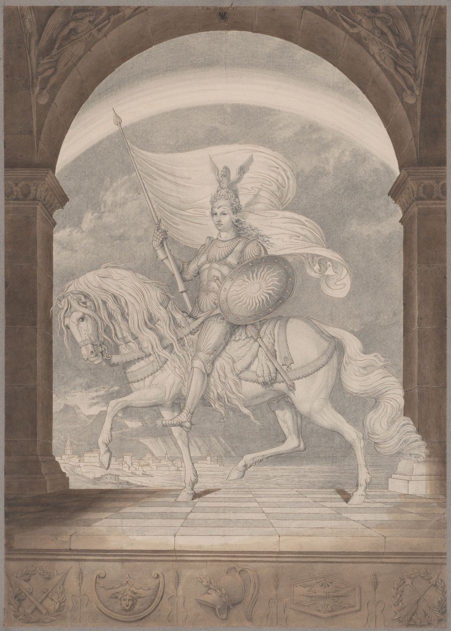 Um cavaleiro a cavalo em armadura completa / O génio da Prússia como cavaleiro de Karl Friedrich Schinkel