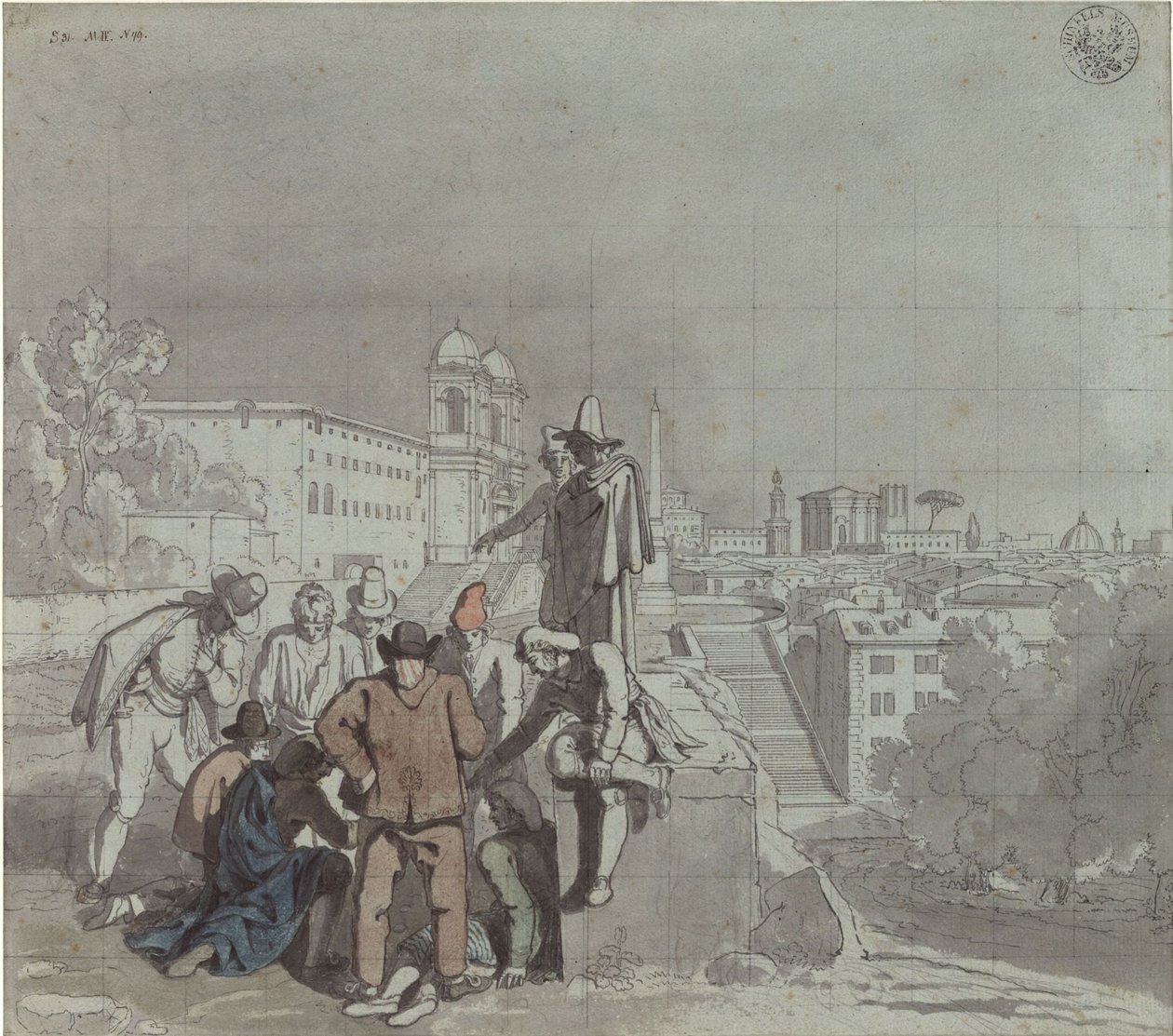 Um grupo de jogadores com a igreja de Santa Trinità dei Monti em Roma ao fundo de Karl Friedrich Schinkel
