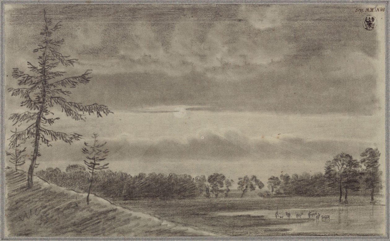 Um pasto com árvores e gado de Karl Friedrich Schinkel