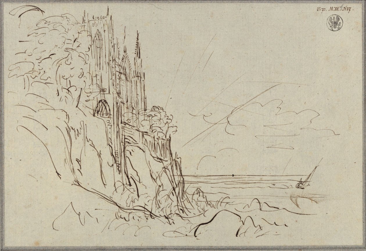 Uma igreja gótica numa costa marítima escarpada perante o sol nascente de Karl Friedrich Schinkel