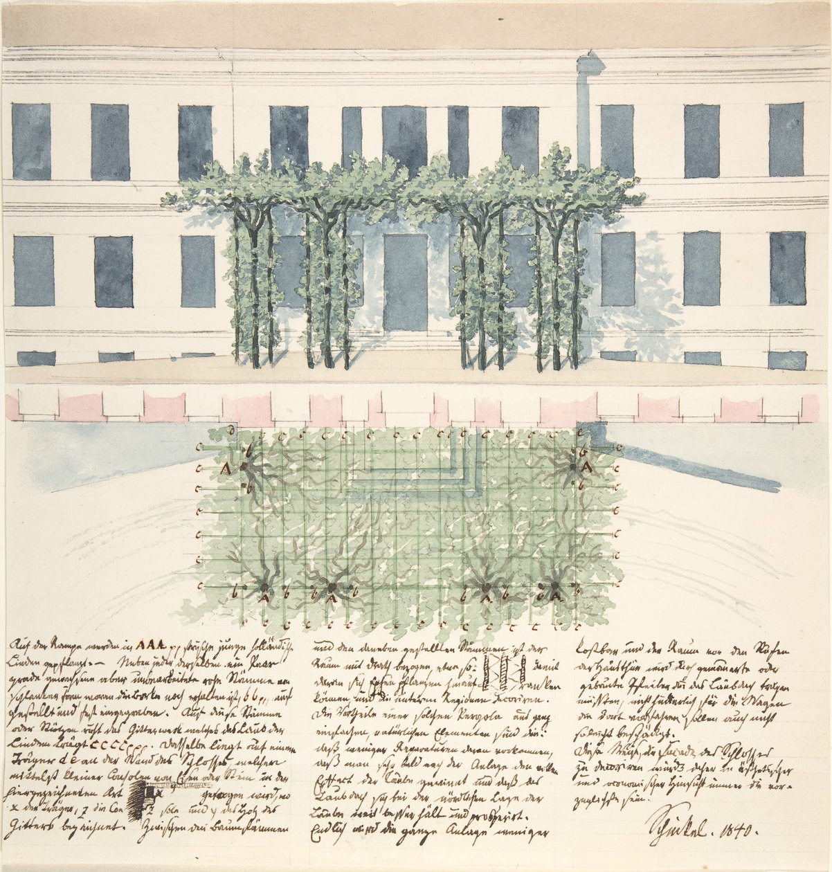 Elevação e planta da fachada de um edifício, 1840. de Karl Friedrich Schinkel