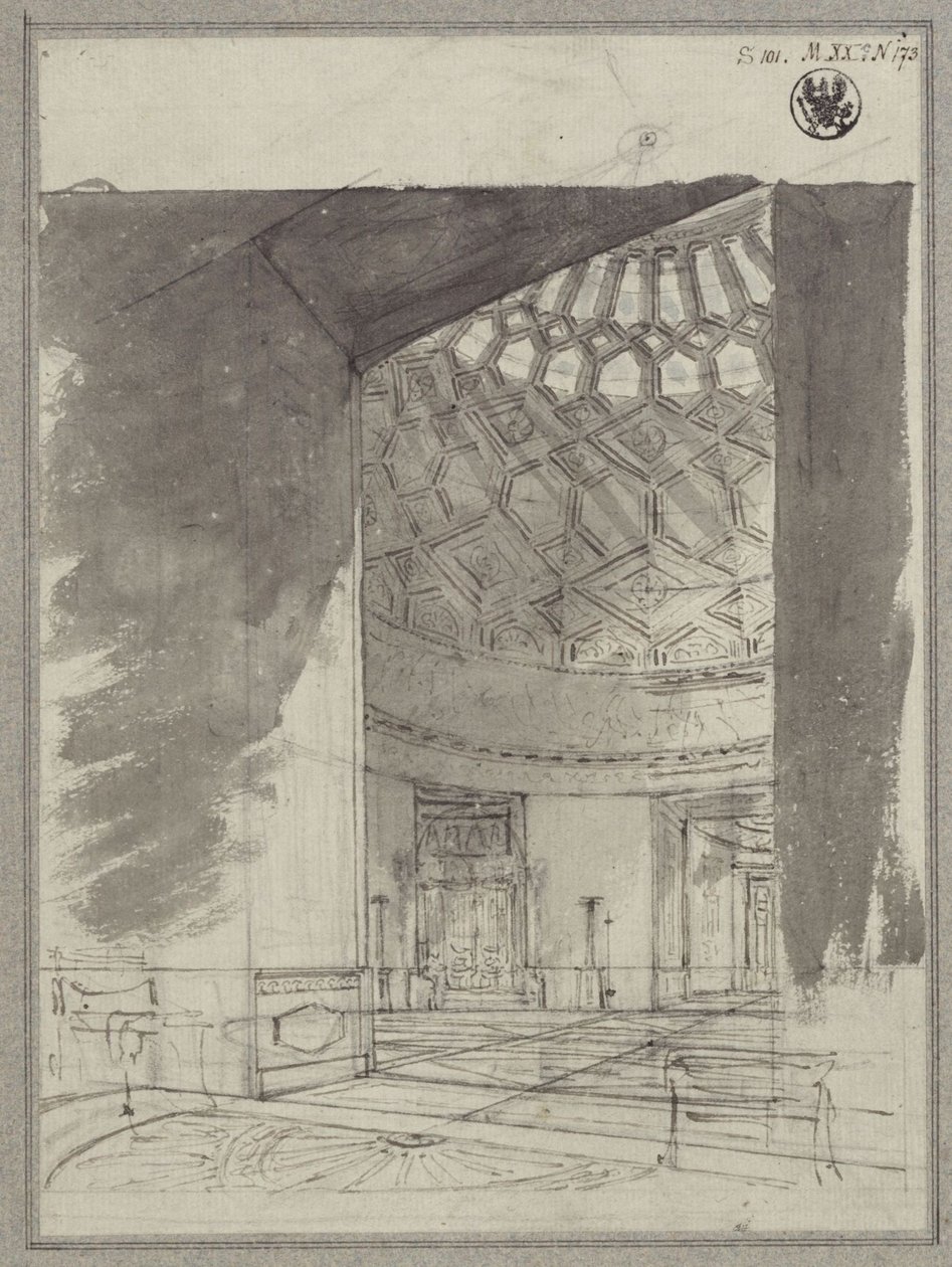 Casa de campo inglesa. Vista da sala com cúpula e teto em caixotões de Karl Friedrich Schinkel