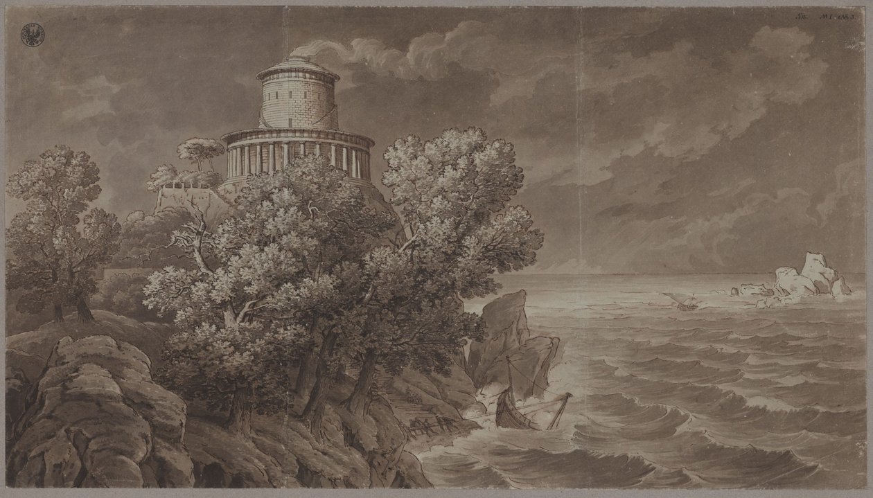 Costa marítima rochosa com um farol de estilo antigo em mar agitado de Karl Friedrich Schinkel