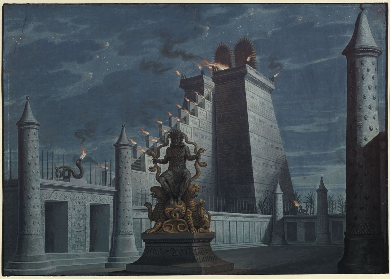 Fernand Cortez, ou: A Conquista do México. Ópera de Gaspare Spontini. Esboço para o primeiro cenário. Templo indígena do fogo de Karl Friedrich Schinkel