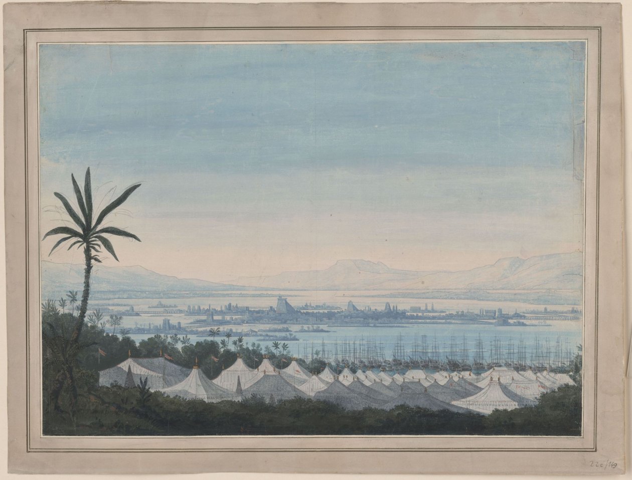 Fernand Cortez, ou: A conquista do México. Ópera de Gaspare Spontini. Projecto para a 2.ª decoração. Vista da Cidade do México e do acampamento dos espanhóis de Karl Friedrich Schinkel