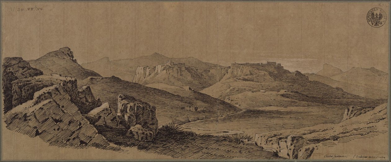 «Fortaleza Castro Giovanni no centro da Sicília» - Vista de Enna, na Sicília de Karl Friedrich Schinkel