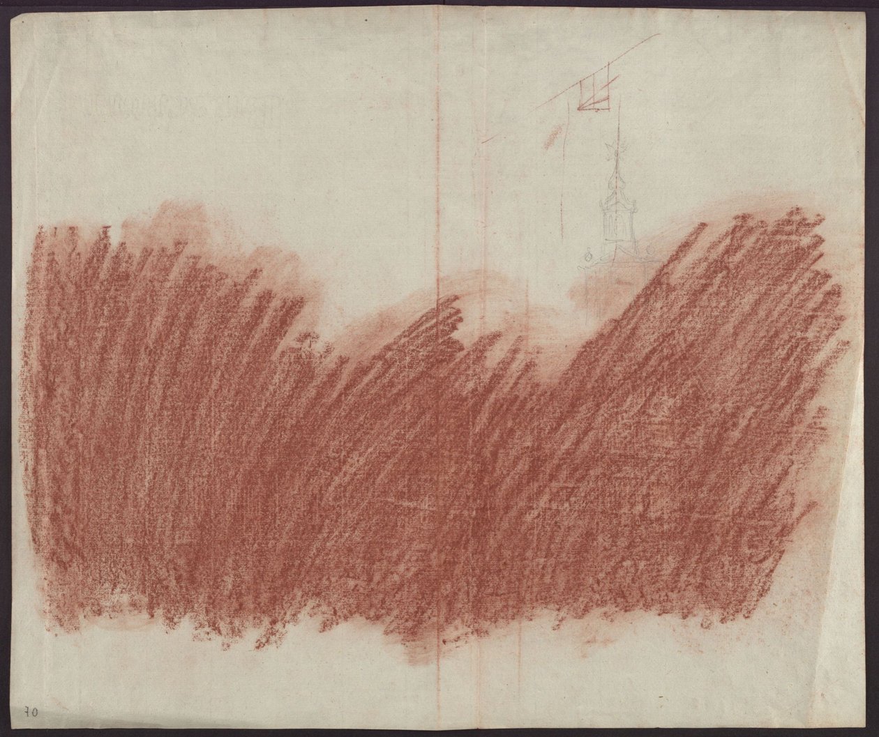 Flächiger Auftrag von Rötel zum Durchzeichnen der Darstellung auf recto de Karl Friedrich Schinkel
