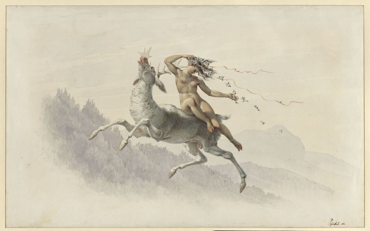 Mulher montada num veado que paira no ar de Karl Friedrich Schinkel