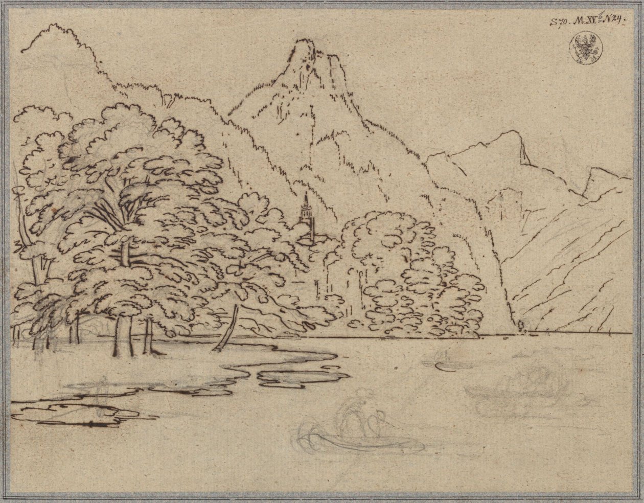 Paisagem montanhosa com um lago, provavelmente o Traunsee com o Kleiner Sonnstein de Karl Friedrich Schinkel