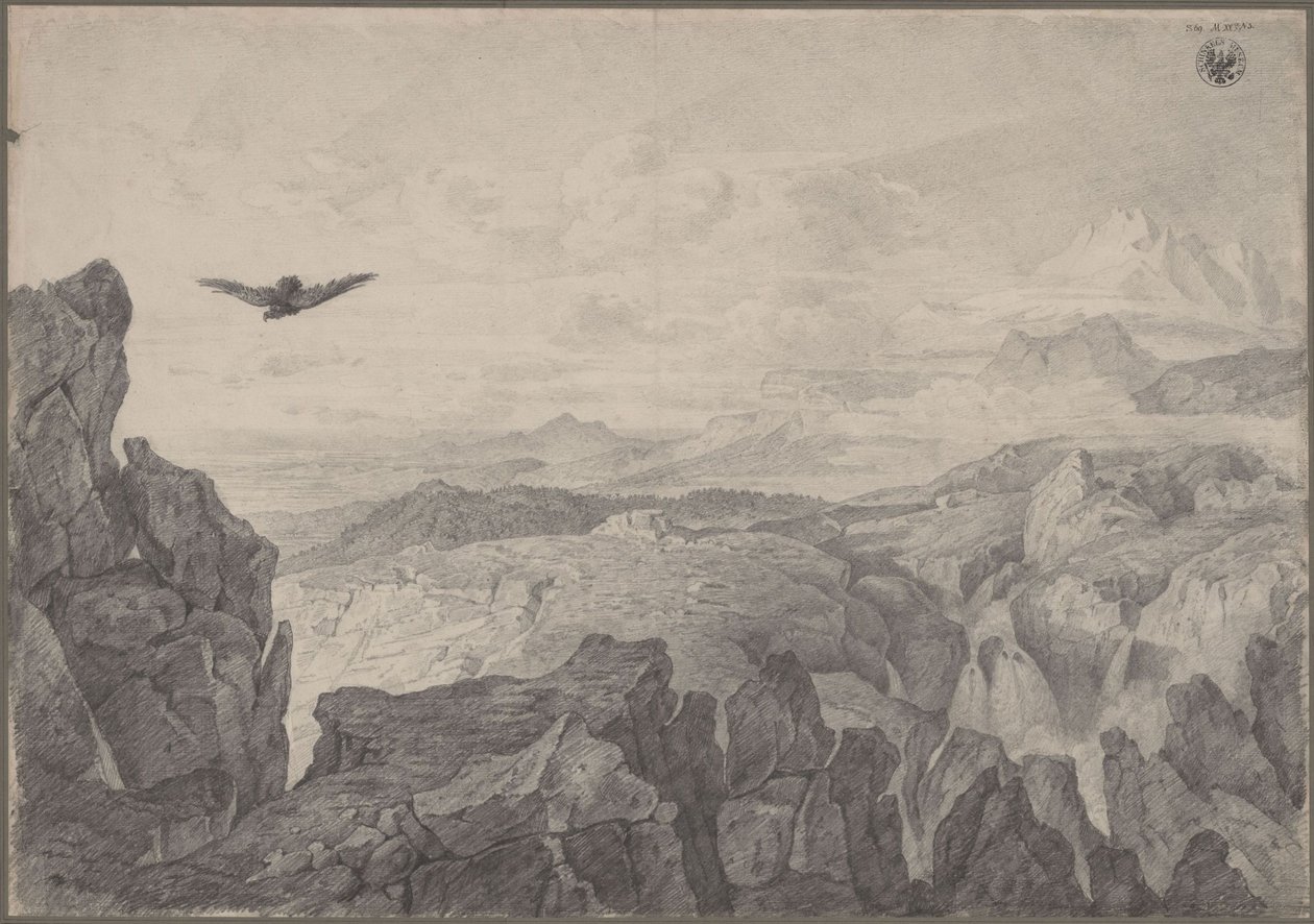 Paisagem montanhosa com uma águia a voar de Karl Friedrich Schinkel
