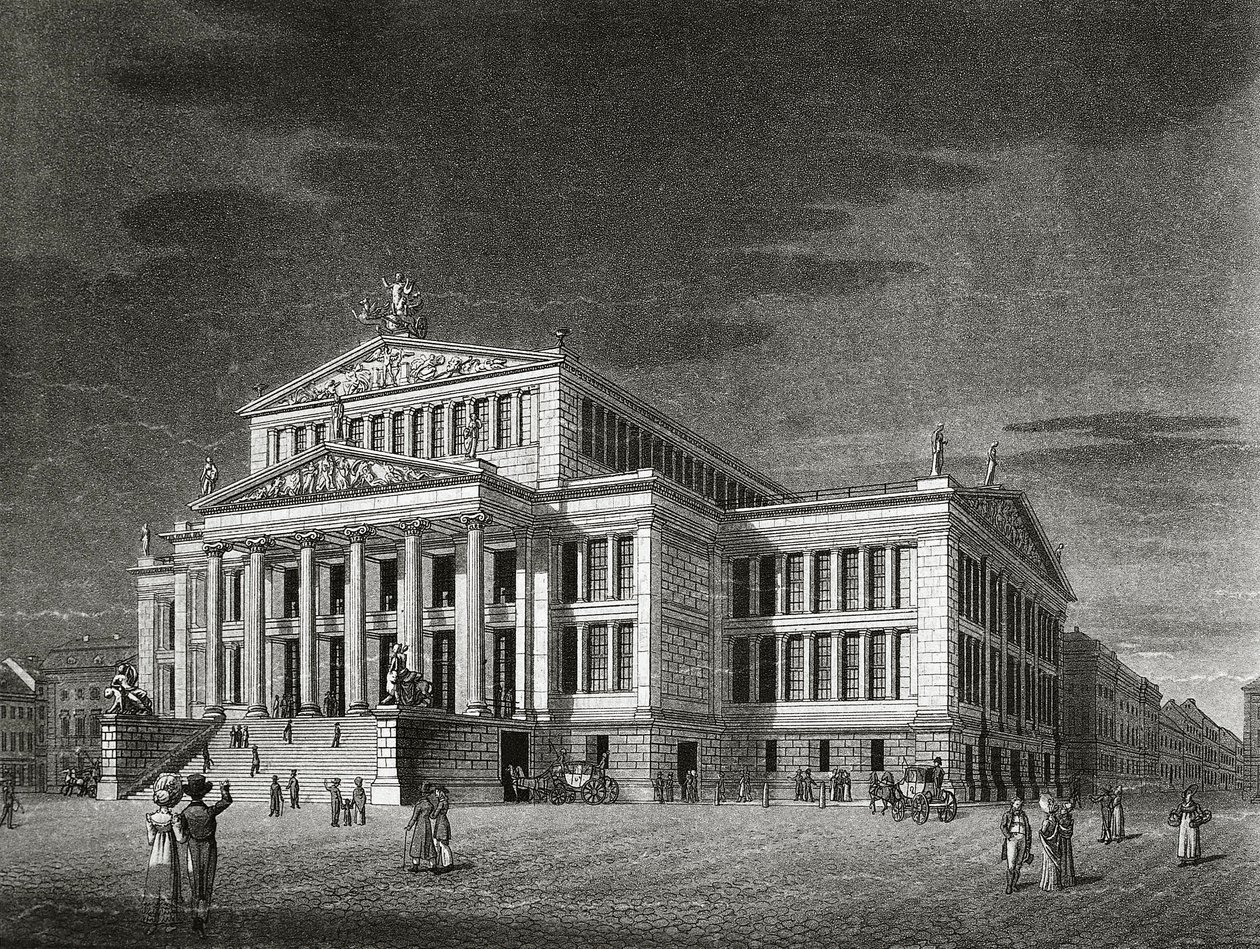 Alemanha, Berlim, Vista do Schauspielhaus (sala de concertos), gravura de Karl Friedrich Schinkels (1781-1841) de Karl Friedrich Schinkel