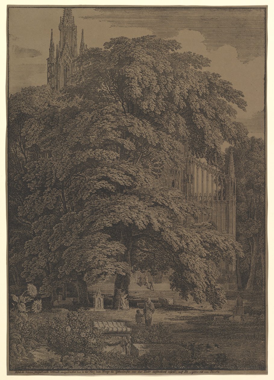 Igreja gótica escondida por uma árvore de Karl Friedrich Schinkel