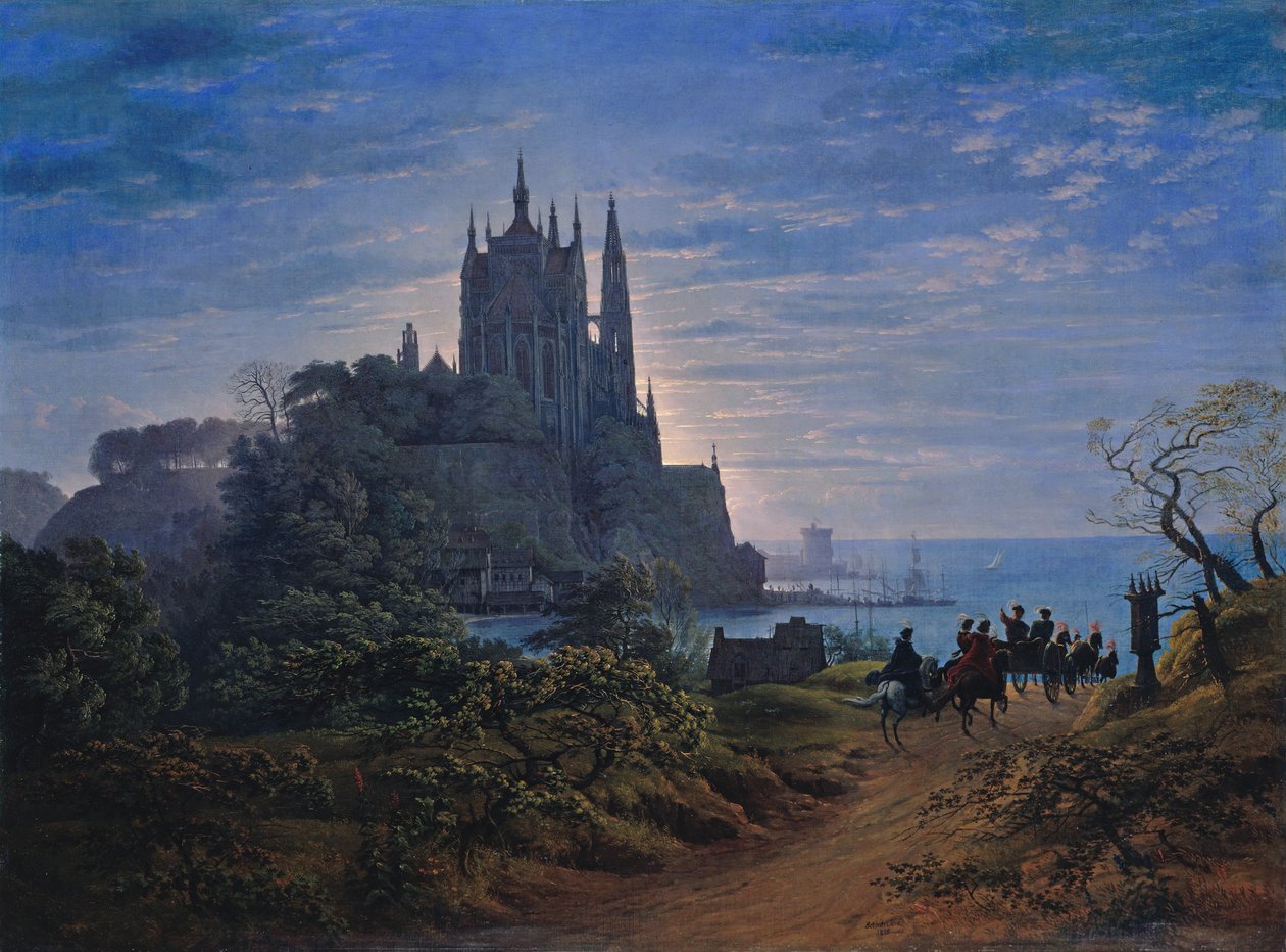 Igreja gótica numa rocha à beira-mar de Karl Friedrich Schinkel