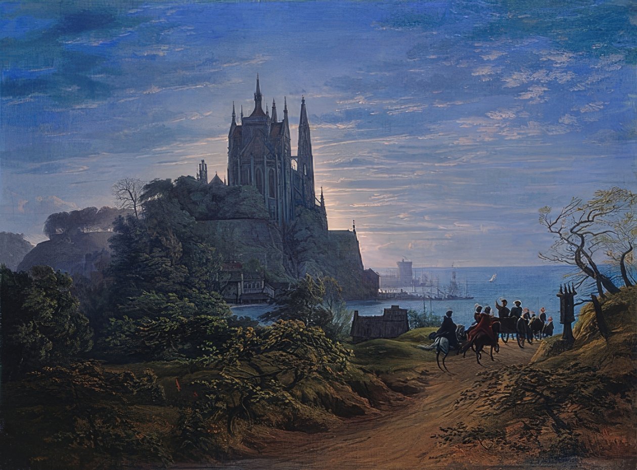 Igreja gótica em uma pedra à beira-mar. 1815 de Karl Friedrich Schinkel