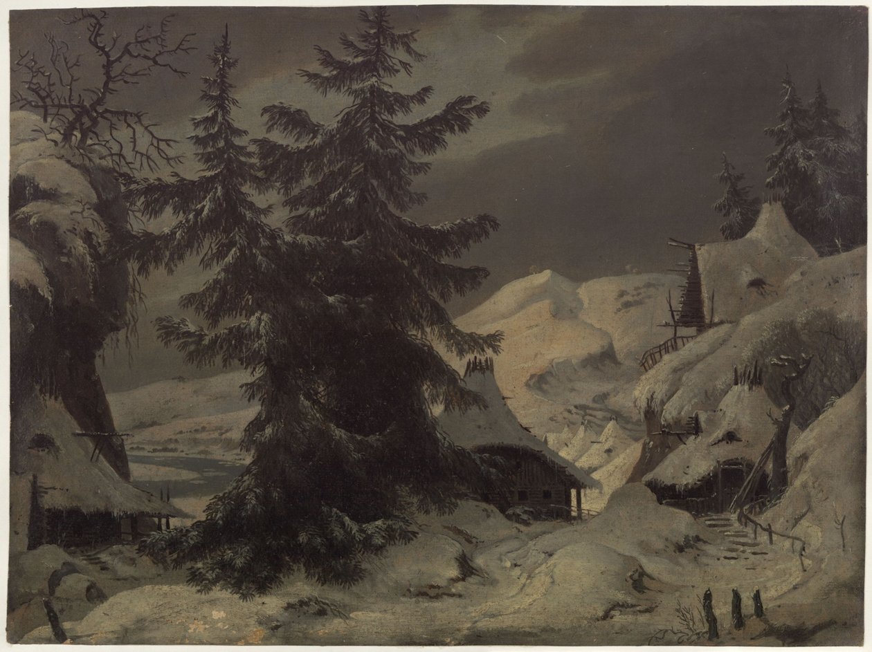 O Conde Benjowski, ou a Conspiração na Kamchatka. Peça de teatro de August von Kotzebue. Esboço para o segundo cenário. Aldeia com paisagem nevada de Karl Friedrich Schinkel