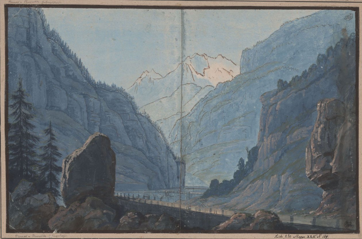 Herrmann e Thusnelda. Peça de August von Kotzebue. Esboço para o 5.º cenário. Estrada de montanha de Karl Friedrich Schinkel