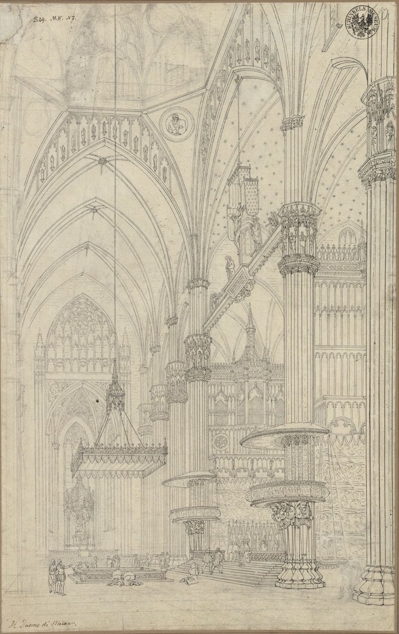 «Vista interior do transepto da Catedral de Milão» / Vista da nave transversal e do transepto norte da Catedral de Milão de Karl Friedrich Schinkel