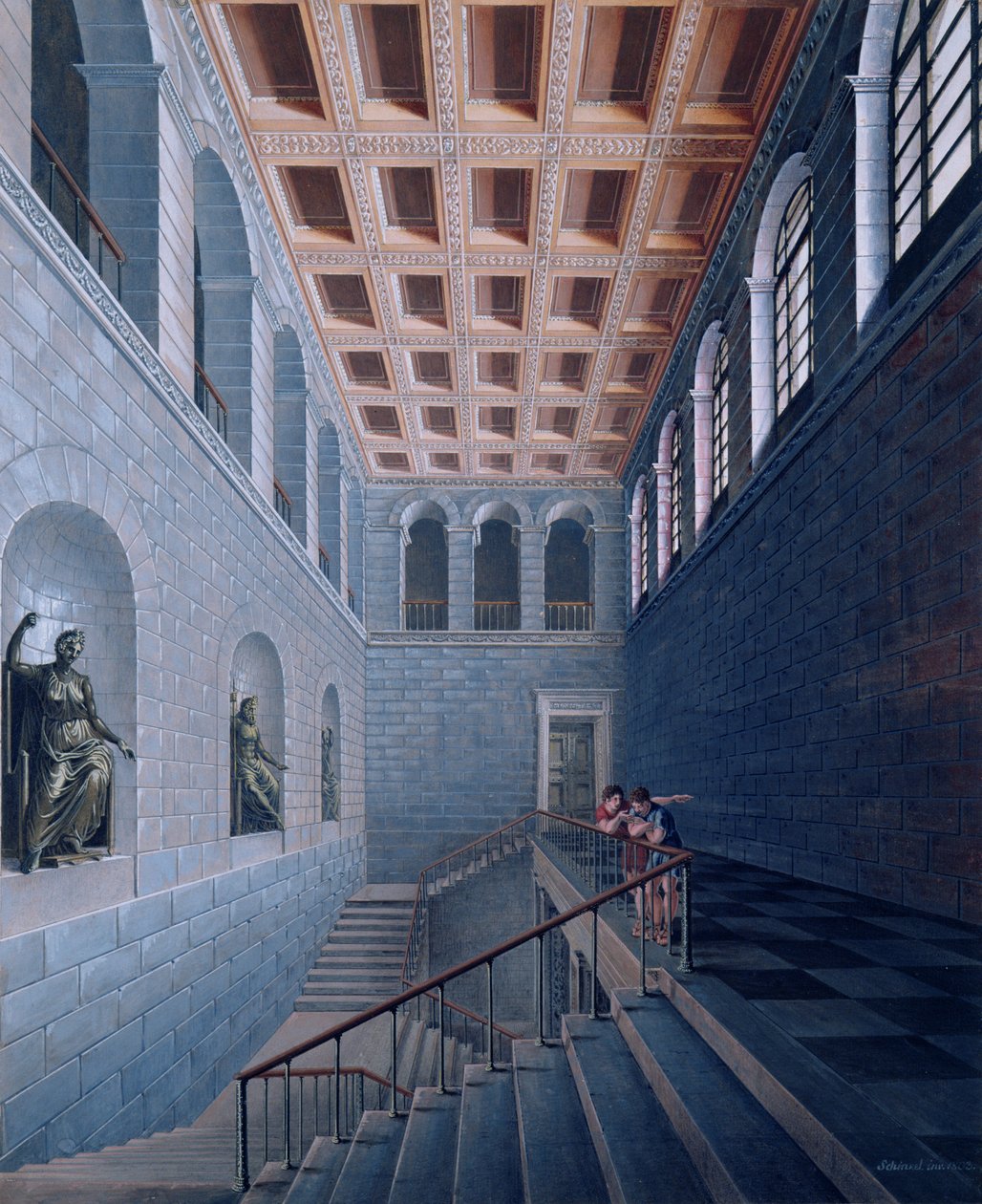 Vista interior, de, um, escadaria, desenho, para, um, castelo, em, Koestritz, 1802-03, (pen & ink, e, bc, ligado, paper) de Karl Friedrich Schinkel