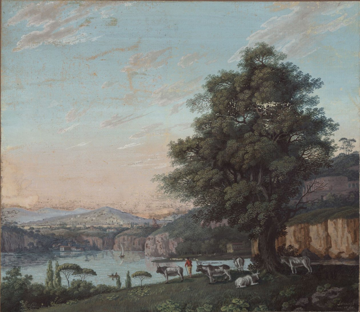 Paisagem ideal italiana com árvore, rebanho e montanhas de Karl Friedrich Schinkel