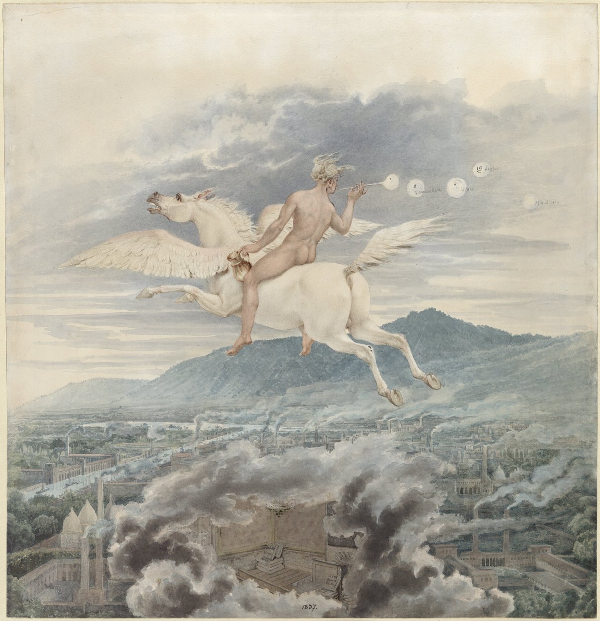 Karl Friedrich Schinkel - Figura feminina a soprar bolas de sabão, como alegoria de Christian Peter Wilhelm Beuth, montado em Pégaso sobre uma cidade industrial - 1837 de Karl Friedrich Schinkel