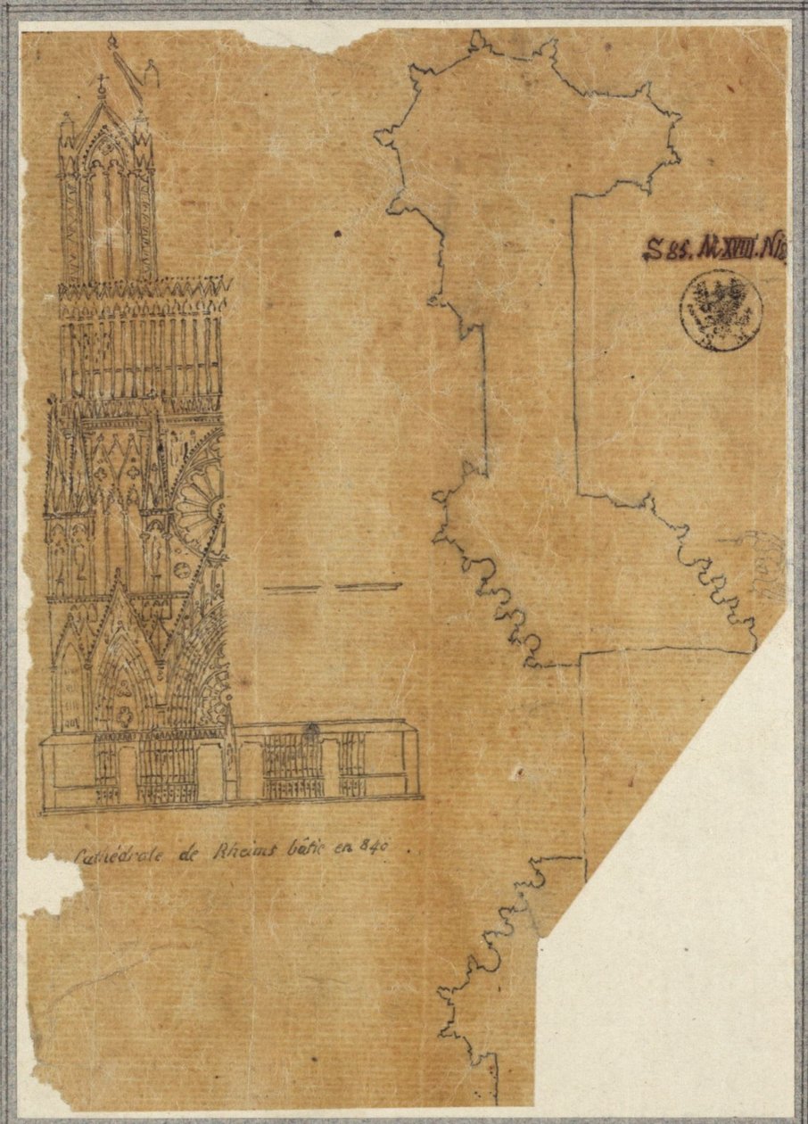 Kathedrale von Reims. Teilansicht der Westfassade und Grundriss de Karl Friedrich Schinkel