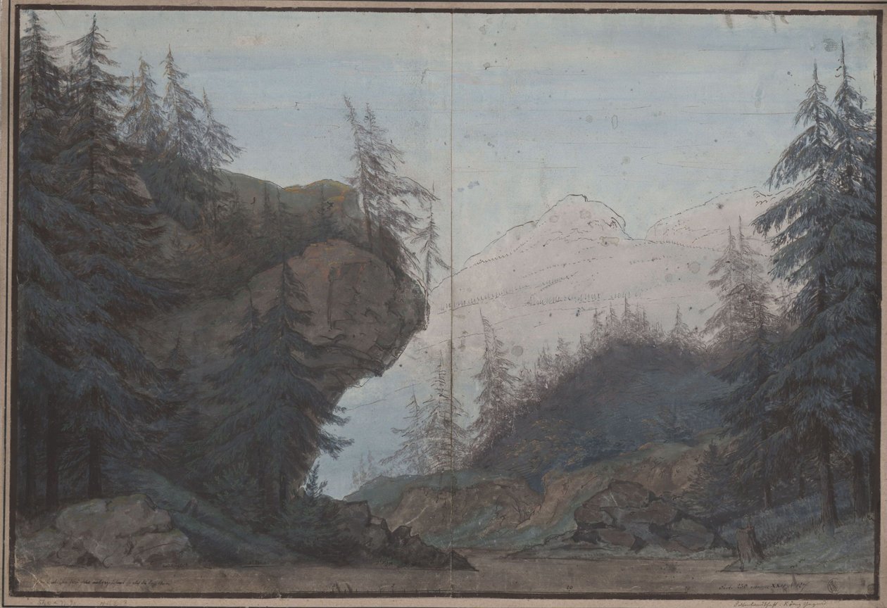 Rei Yngurd. Tragédia de Adolf Müllner. Esboço da 3.ª cenografia. Zona florestal de Karl Friedrich Schinkel