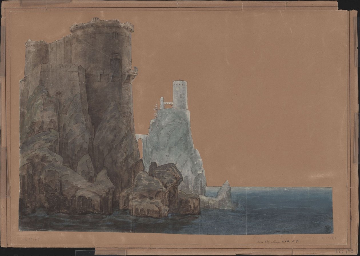 Rei Yngurd. Tragédia de Adolf Müllner. Projecto para o 4.º cenário. Torre com a Porta da Morte junto ao mar de Karl Friedrich Schinkel