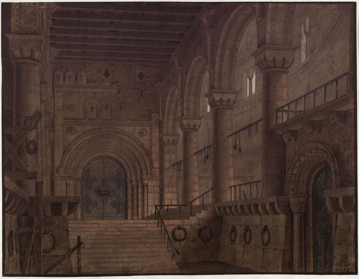 Rei Yngurd. Tragédia de Adolf Müllner. Esboço da 5.ª cenografia. Sala na torre com o Portão da Morte de Karl Friedrich Schinkel
