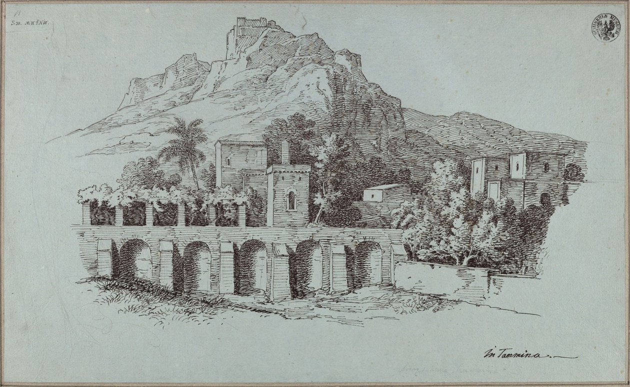 Paisagem nos arredores de Taormina com um muro de contenção da época romana de Karl Friedrich Schinkel