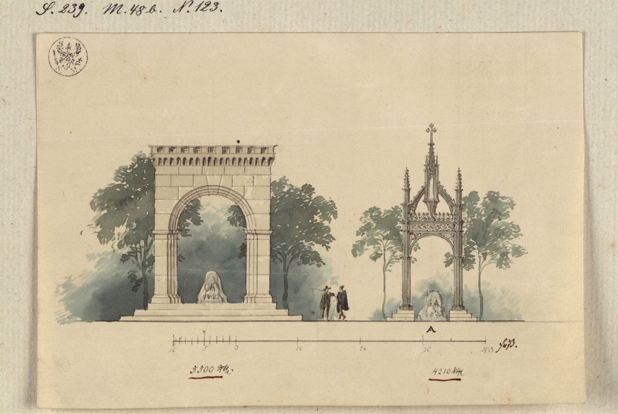 Lützen. Projecto para um monumento ao rei Gustavo II Adolfo da Suécia como salão de arcadas aberto nos quatro lados e como tabernáculo sobre a pedra sueca de Karl Friedrich Schinkel