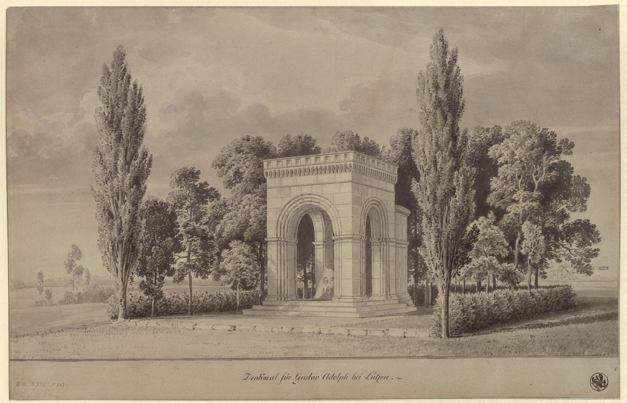 Lützen. Projecto para um monumento ao rei Gustavo II Adolfo da Suécia, em forma de salão românico sobre a Pedra Sueca, com abside anexa. Vista de Karl Friedrich Schinkel