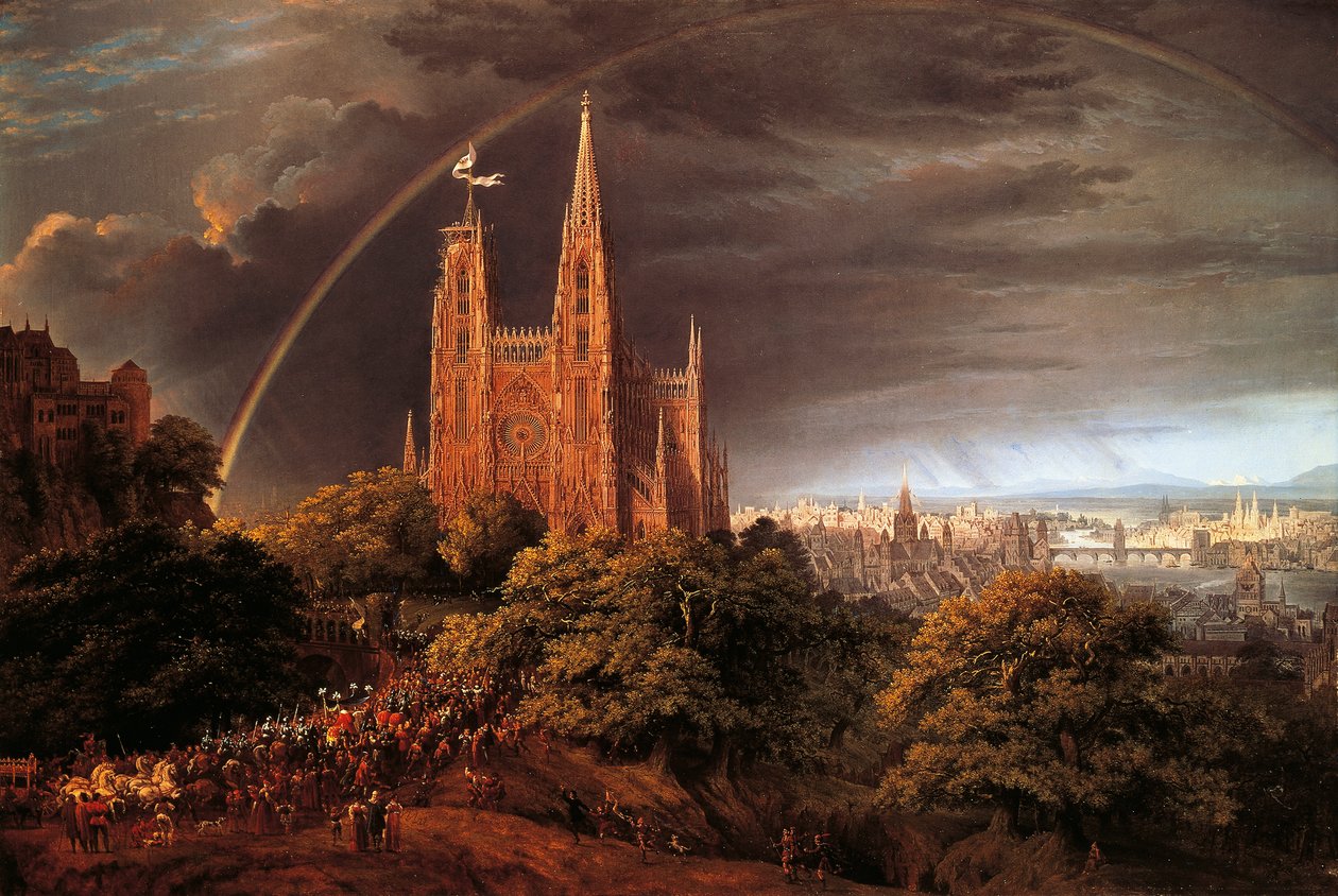 Cidade medieval às margens do rio, por Karl Friedrich Schinkel (1781-1841) de Karl Friedrich Schinkel