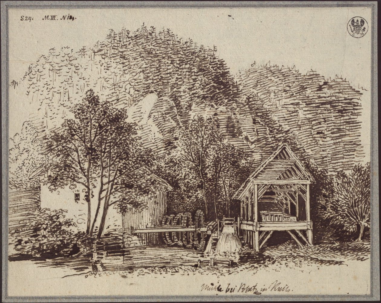Moinho perto de Popetz, na Carníola / Moinho perto da aldeia de Podpeč, na Carníola de Karl Friedrich Schinkel