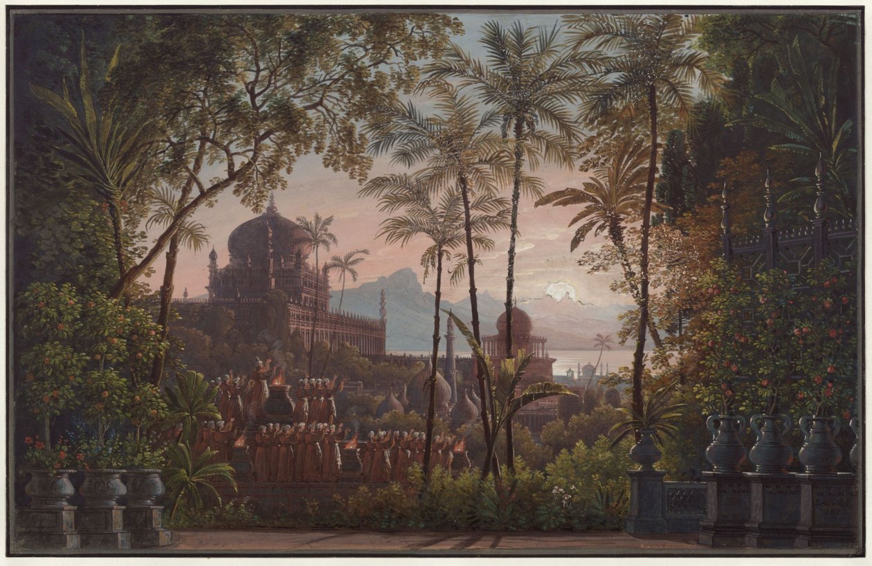 Nurmahal ou o Festival das Rosas da Caxemira. Ópera de Gaspare Spontini. Esboço da 1.ª cenografia. Jardim do palácio com vista para a Caxemira de Karl Friedrich Schinkel