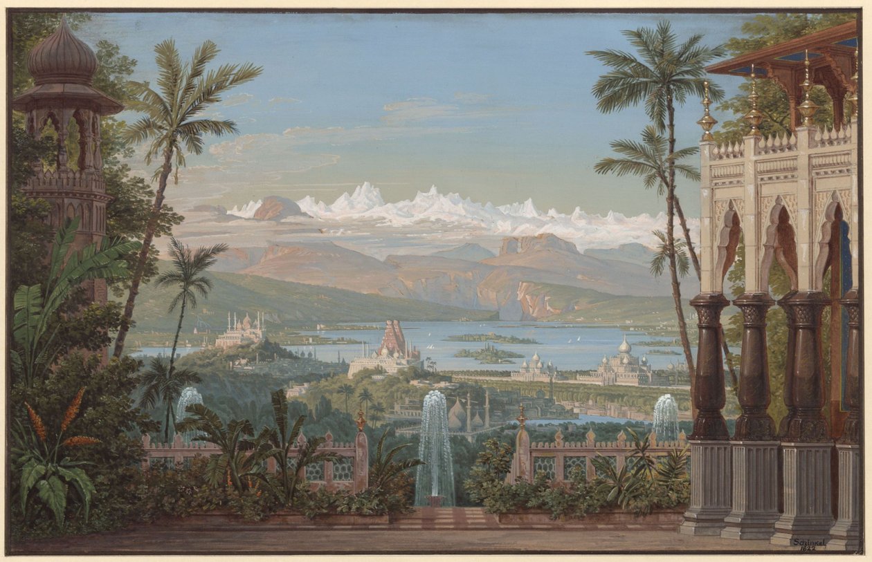 Nurmahal ou o Festival das Rosas da Caxemira. Ópera de Gaspare Spontini. Esboço para o segundo cenário. Terraço com vista para o vale da Caxemira de Karl Friedrich Schinkel