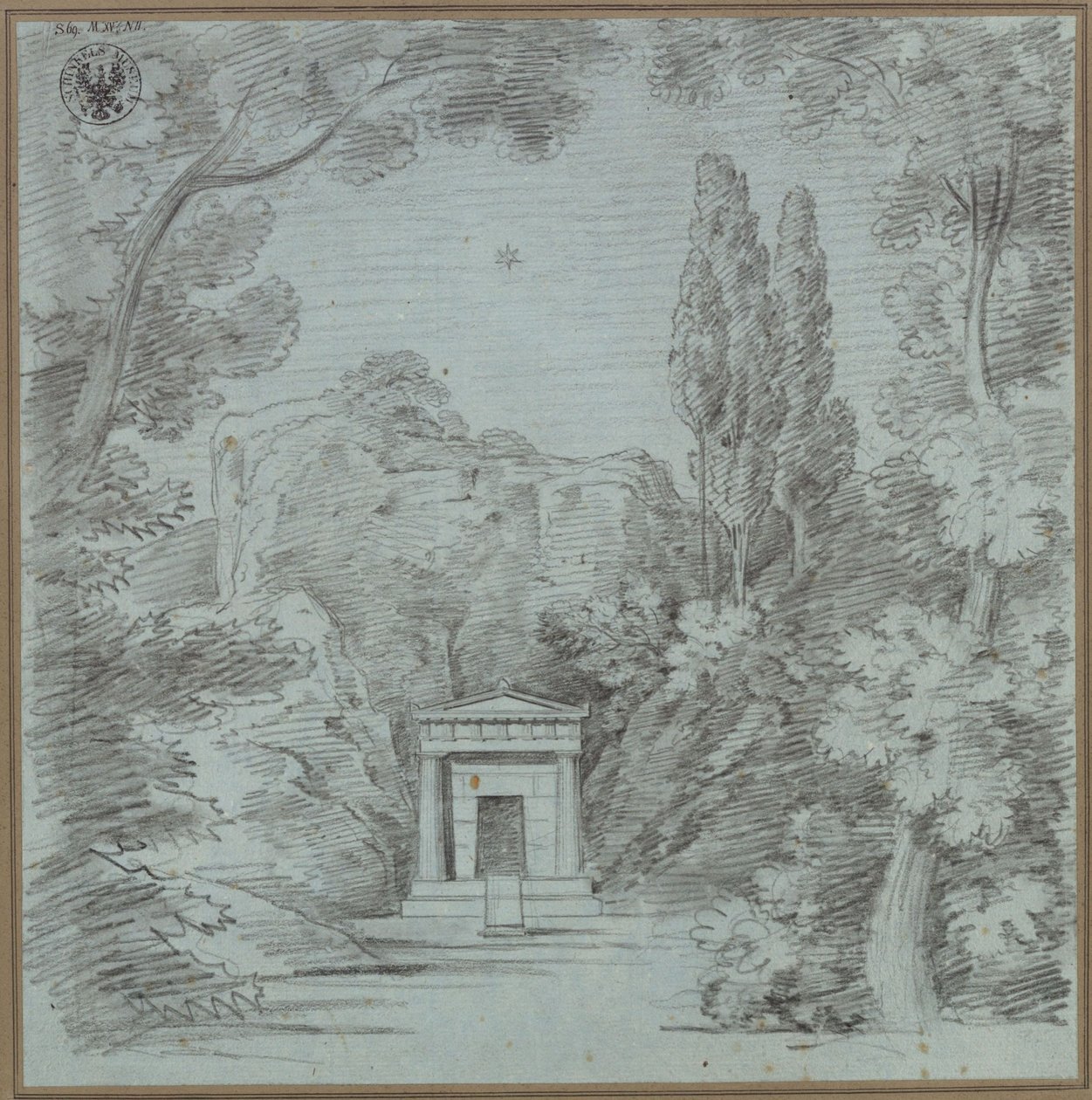Orfeu e Eurídice. Ópera de Christoph Willibald Gluck. Projecto para a 1.ª decoração (?). Projecto para um mausoléu numa rocha de Karl Friedrich Schinkel