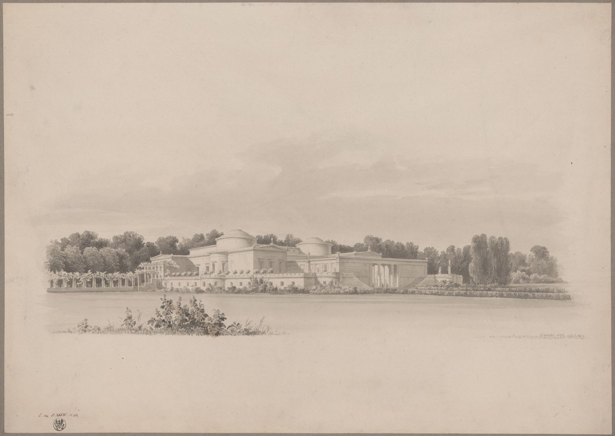 Potsdam-Sanssouci. Casa de campo antiga junto ao Palácio de Charlottenhof. Vista em perspetiva a partir do nordeste de Karl Friedrich Schinkel