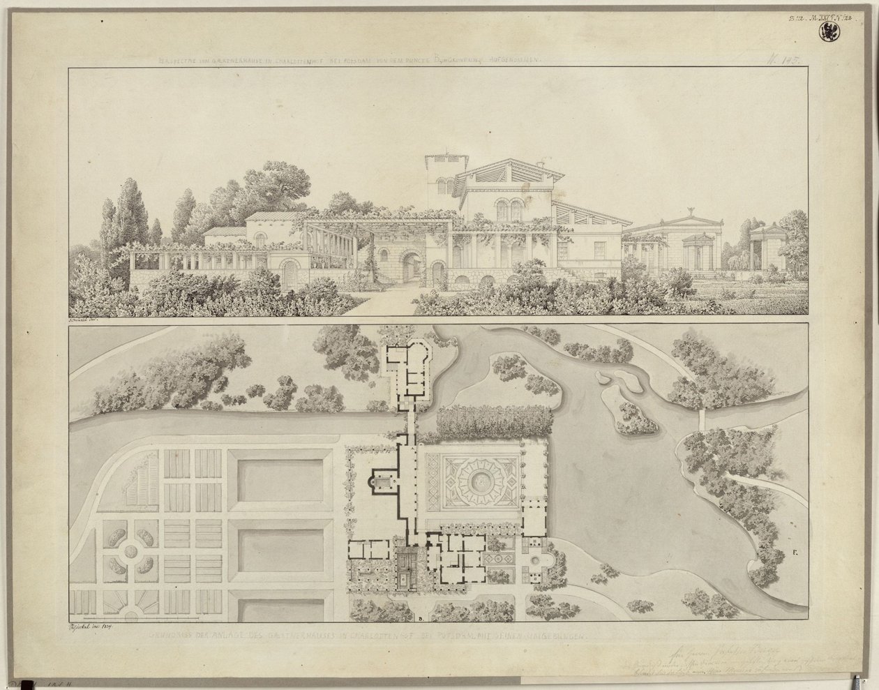 Potsdam-Sanssouci. Termas romanas junto ao Palácio de Charlottenhof. Vista do oeste e planta da casa do jardineiro de Karl Friedrich Schinkel