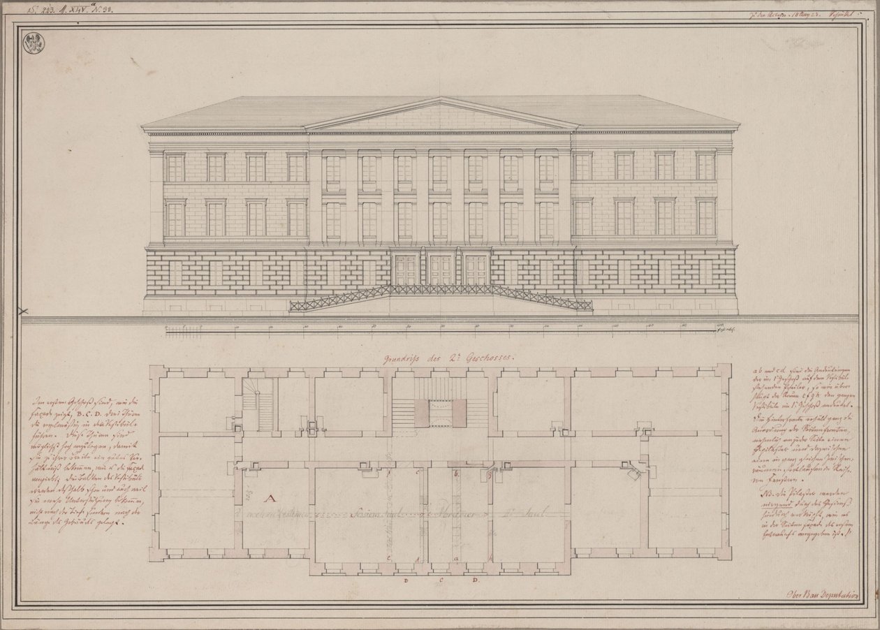 Ratibor (Racibórz). Projeto do Tribunal Regional Superior. Alçado e planta baixa de Karl Friedrich Schinkel